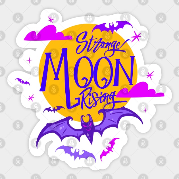 “Strange Moon Rising” Full Moon With Bats Sticker by Tickle Shark Designs